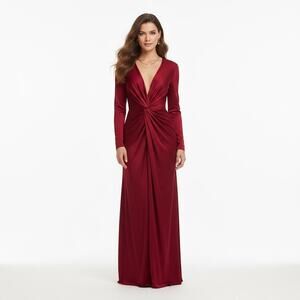 Mango Red Burgundy Satin Knot Front Maxi Dress Deep V Long Sleeve Sexy Cocktail